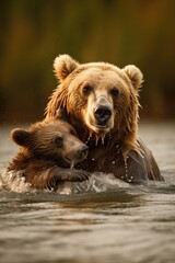 Fototapeta premium brown bear swimming in water Generative Ai