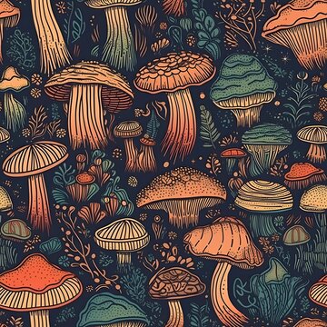 Magic Mushrooms seamless tile. Generative AI
