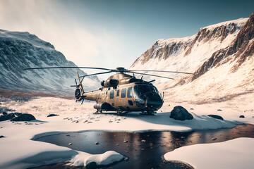 Helicopter flying over snowy mountains. Generative AI