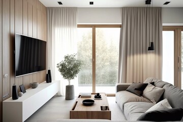 Chic living room interior in gray colors. Generative AI