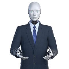 Robot in suit showing his empty hands - 586947346