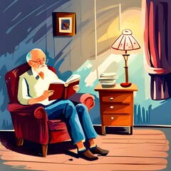 Dziadek czytający książkę, domowe zacisze, wygodny fotel, emerytura. Ilustracja wygenerowana przy użyciu AI.