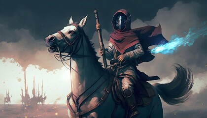 Fototapeta premium apocalypse warrior in a cloak with gas mask holding a gun sitting on horseback, digital art style, illustration painting, Generative AI