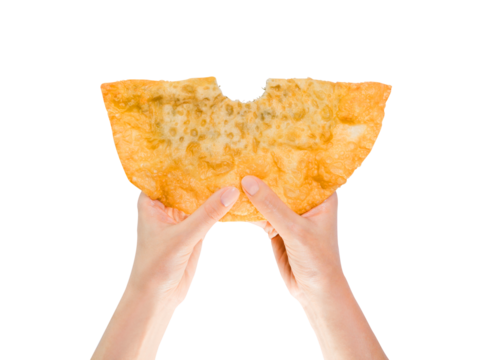 a woman with two hands holds pies on a transparent background