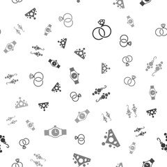 Set Wedding rings, King crown, Earrings and Wrist watch on seamless pattern. Vector