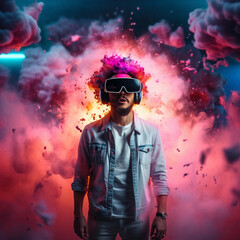 Fototapeta na wymiar Young man using virtual reality headset. VR glasses, futuristic, technology, online education, education, video game concept. Generative AI.