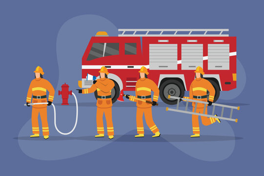 fire engine truck and fireman 2d vector illustration concept for banner, website, illustration, landing page, flyer
