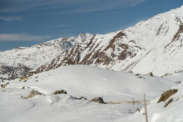 Snow covered mountain panorama on the Julier pass in Switzerland