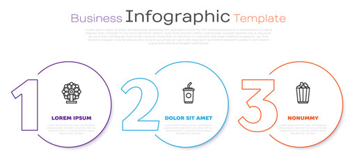Set line Ferris wheel, Paper glass with water and Popcorn in box. Business infographic template. Vector