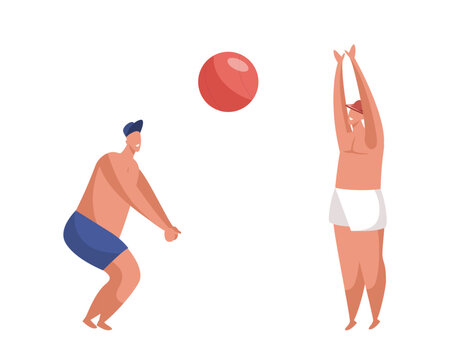 Beach volleyball game vector image. Cartoon man and woman playing ball on coast. Simple characters doing summer sport activity outdoor. Sun and sea leisure. Summertime sport and people theme.