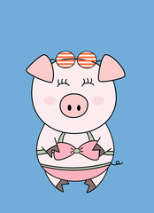 Cute Piggy wear bikini on blue background 