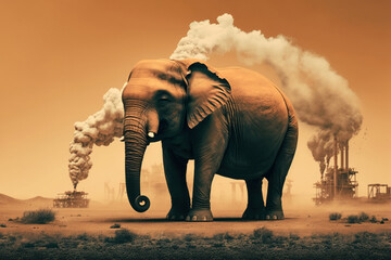 Naklejka na ściany i meble elephant stands watching a petrochemical refinery at sunrise. Generative AI.