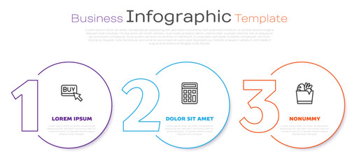 Set line Buy button, Calculator and Shopping bag and food. Business infographic template. Vector