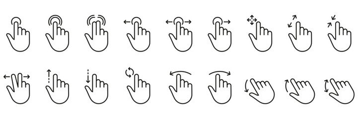 Hand Finger Touch, Swipe and Drag Outline Icon Set. Pinch Screen, Rotate Up Down on Screen Line Sign. Gesture Slide Left and Right Linear Pictogram. Editable Stroke. Isolated Vector Illustration