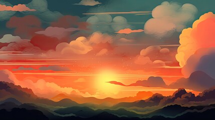 Illustrated sky with clouds, sun, stars, and sunrise or sunset. Artistic digital drawing. Atmospheric and dreamlike. Generative AI