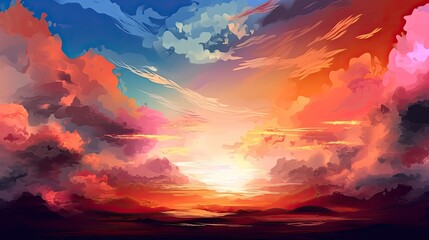Illustrated sky with clouds, sun, stars, and sunrise or sunset. Artistic digital drawing. Atmospheric and dreamlike. Generative AI