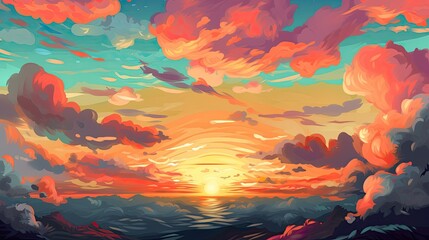 Fototapeta na wymiar Illustrated sky with clouds, sun, stars, and sunrise or sunset. Artistic digital drawing. Atmospheric and dreamlike. Generative AI