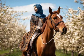 Foto op Canvas Young woman muslim petting horse in field, generative ai © jambulart