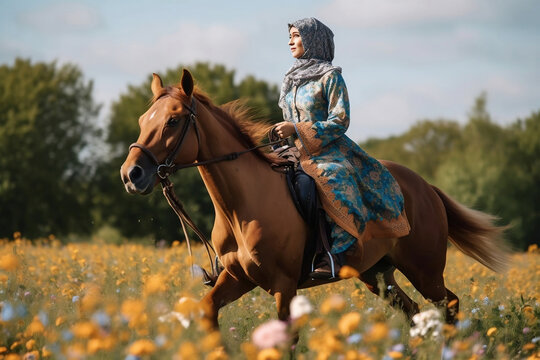 Young woman muslim with her horse, generative awi