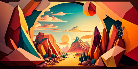 Abstract landscape with vibrant colors Geometric shapes in muted tones Generative AI