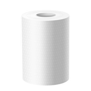 3d mockup or closeup of vertical paper towel roll. Template image for kitchen or bathroom. Clean sheet or packaging accessory. Round tube for hygiene. Wipe cylinder isolated. Domestic and hygienic.