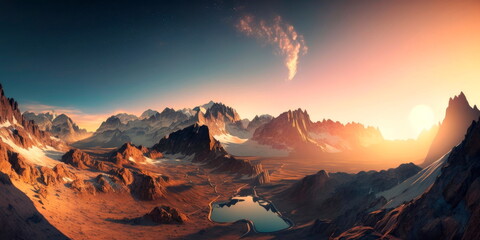 Expansive panorama of a mountain range at dawn Generative AI