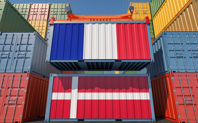 Cargo containers with Denmark and France national flags. 3D Rendering 