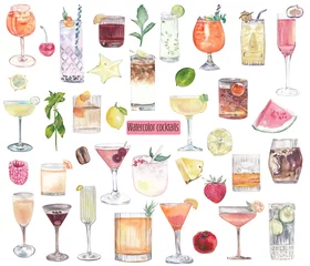 Foto op Plexiglas Cocktails and ingredients watercolor illustrations Set of drinks Restaurant bar menu, hand painted alcoholic drinks. Fruits and herbs Food Cooking Recipe design elements Pina colada, Aperole spitz © Liudmila