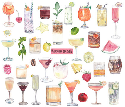 Cocktails and ingredients watercolor illustrations Set of drinks Restaurant bar menu, hand painted alcoholic drinks. Fruits and herbs Food Cooking Recipe design elements Pina colada, Aperole spitz