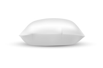 Side view on blank pillow for creative print. Mockup or closeup for furnishing marketing and promotion. Interior element for bedroom and bed. Realistic product for bedding and living room. Furniture.