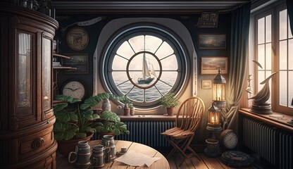 Fototapeta na wymiar 8k nautical interior is the perfect escape for sea lovers, featuring a cozy yet sophisticated atmosphere with oceanic decor, warm wood tones, and serene blue accents. Generated by AI.