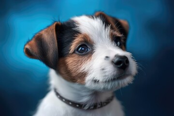 A little Jack Russell Terrier dog puppy is depicted in a photograph on a blue background with blue bokeh. Generative AI