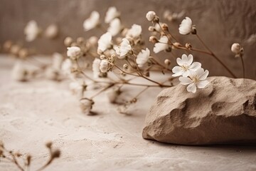 serene arrangement of white flowers resting on a rugged rock. Generative AI