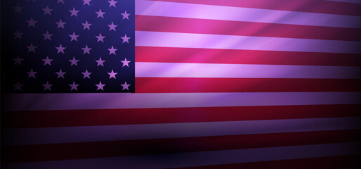 US flag in blue and red tint with dim beams of light