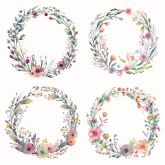 frame made of watercolor thin stems of flowers with colorful flowers, white background, watercolor style, vector