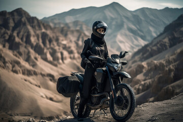 Outdoor lifestyle portrait of young muslim woman with cover up sitting on motorbike, generative ai