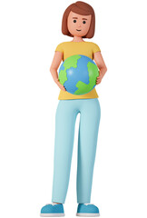 3d woman character holding earth globe in her hands front view. Environmental concept with woman holding planet earth globe 3d illustration