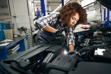 Young lady in a plaid shirt carefully inspects the car by the hood
