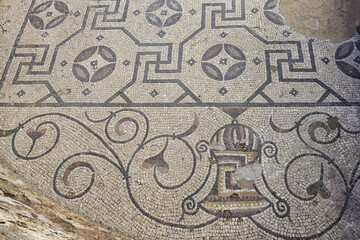 Mosaics in the public baths; Milreu ruins, Estoi, Faro district, Algarve, Portugal