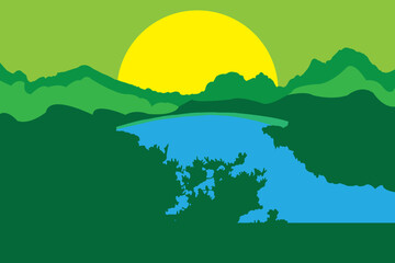 Landscape with grass, trees, water and hills Sunrise green field vector 