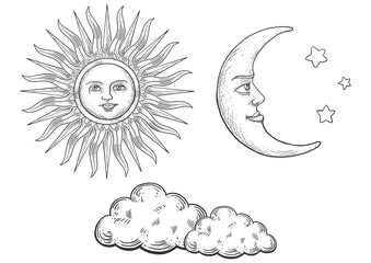 Sun moon with face and clouds engraving PNG illustration with transparent background