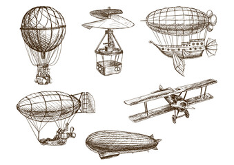 Air transport vintage hand drawn sketch PNG illustration with transparent background