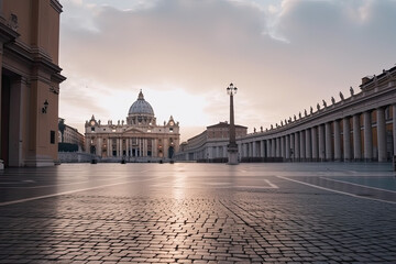 Fototapeta na wymiar Sunrise over the Saint Peter's Square in Rome. Generative AI.