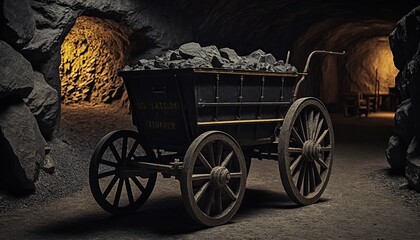 Fototapeta na wymiar A clapboard or cart with coal in a dark coal mine. Generative AI.