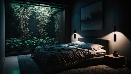 beautiful, dark, modern bedroom with LED lights