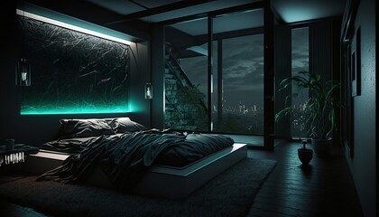 beautiful, dark, modern bedroom with LED lights