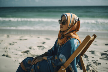 Happy smiling muslim woman sitting on deck chair on the beach, generative ai