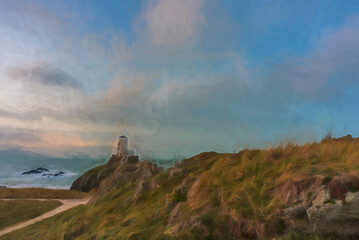 Digital painting of the Llanddwyn island lighthouse, Twr Mawr at Ynys Llanddwyn on Anglesey, North Wales.