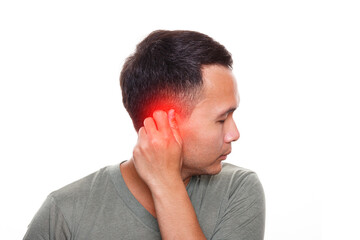 Fototapeta premium Man has sore ear. Isolated on white background. Healthcare and health problem concept