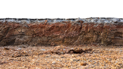 A cross-sectional view of the layer of soil beneath the paved road that was excavated and covered with dirt and dust to prepare for the construction and renovation of one of the Thai rural highways.